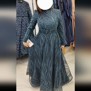 Modest Navy Gown with Light Blue Sparkle Details 3/4 Sleeve